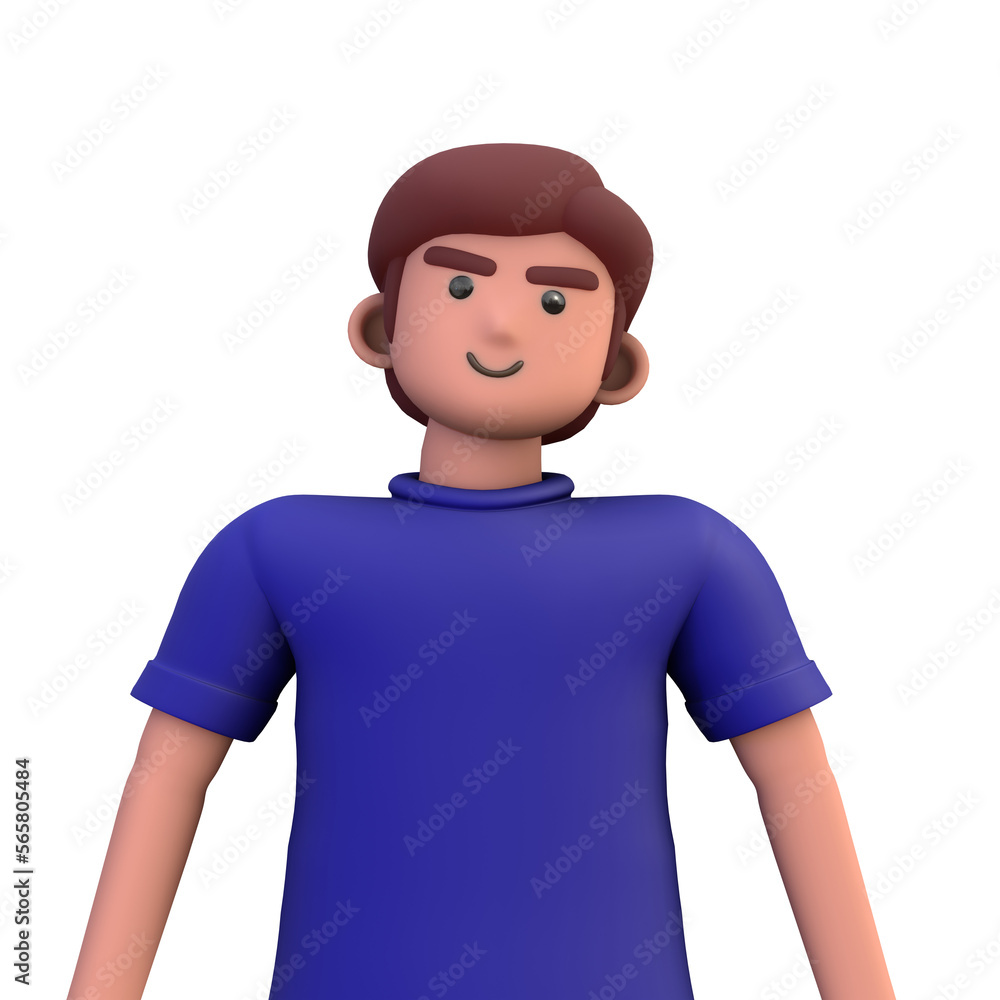 3D ILLUSTRATION RENDERING. PORTRAIT SMILLING MAN CUTE CARTOON CHARACTER YOUNG MALE MODEL STANDING ON ISOLATED WHITE BACKGROUND. MINIMAL SOCIAL MEDIA AVATAR PEOPLE PROFILE PICTURE DESIGN.