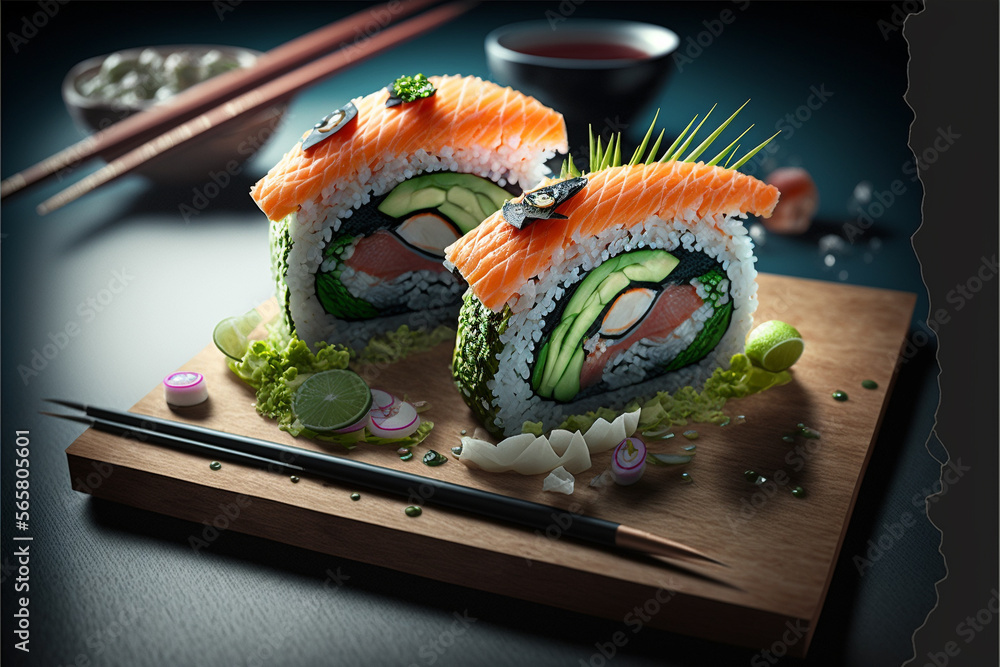 Fresh Beautiful Sushi Setup with Salmon Maki and Misterious Ingredients. Ai generated
