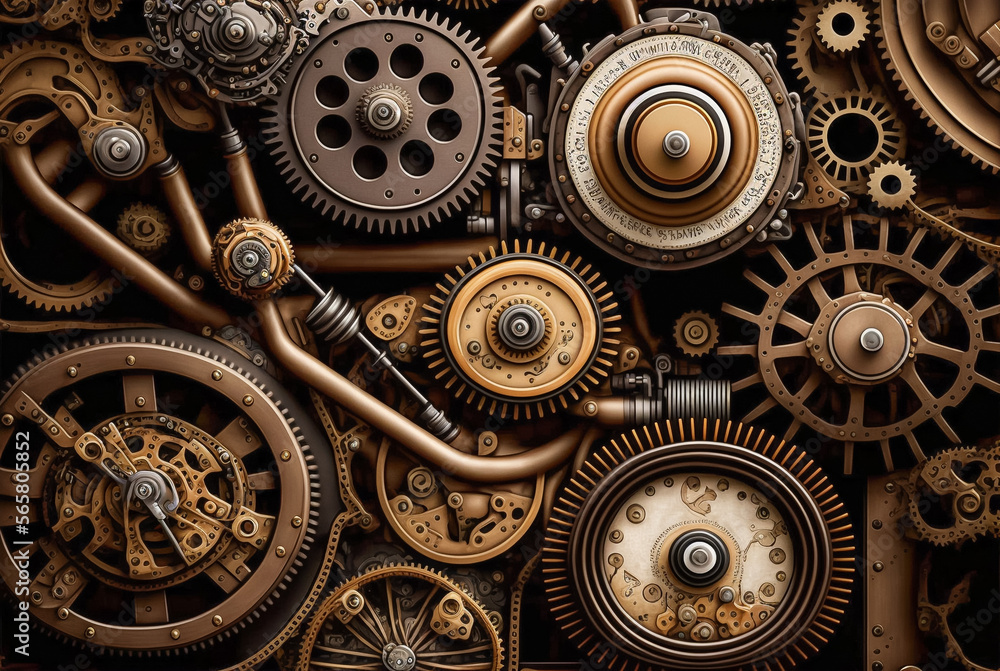 Vintage rusty Machinery gears steampunk background. Generative AI - obrazy, fototapety, plakaty 