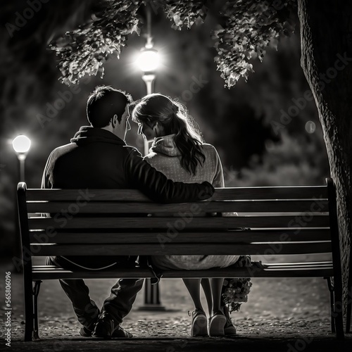 Couplr sitting on bench in park Generative AI photo