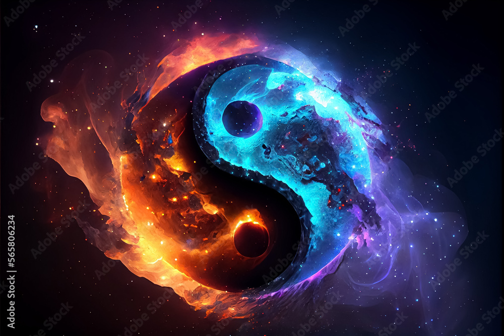 illustration of cosmic yin yang concept - tao symbol with rainbow glow. AI - obrazy, fototapety, plakaty 