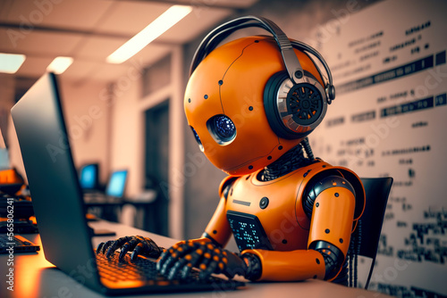 Adorable humanoid robot working on laptop, Generative AI photo