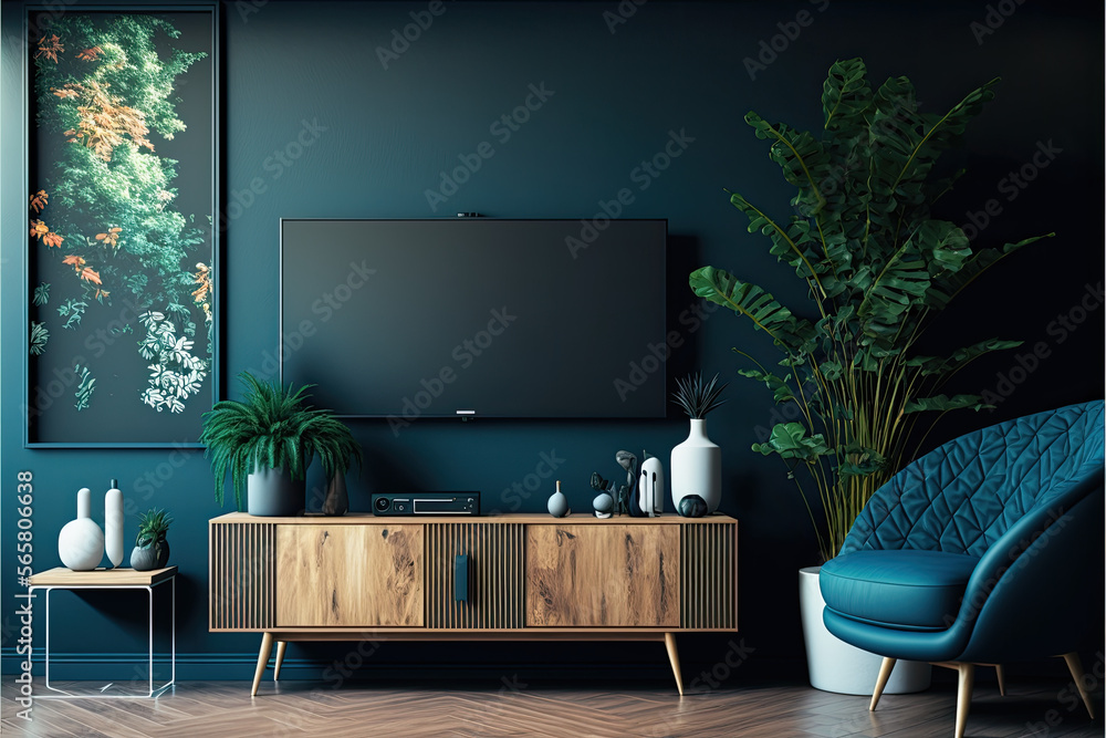 modern living room interior with powder blue wall and tv , ai generated ...