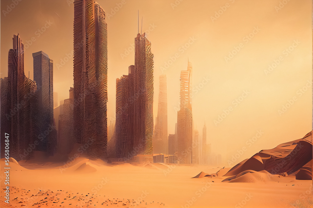 illustration of city flooded with yellow sand drought and apocalypse. ai