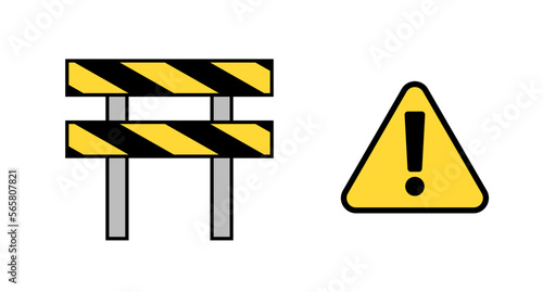 Black and yellow striped barricade and caution sign. Vector.