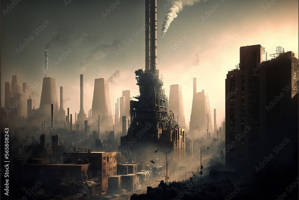 Polluted City with Toxic smoke and covered sky. Environmental disaster scene. City full of pollutions. Ai generated