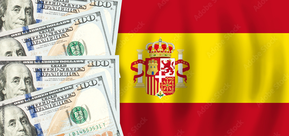 Obraz premium Dollars on flag of Spain, Spanish finance, subsidies, social support, GDP concept