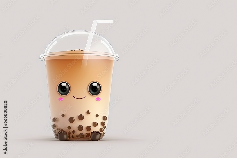 Cute thai tea, bubble tea isolated on white background. Bubble milk tea cup  icon vector illustration. Cute cartoon character. Generative AI. Stock  Illustration