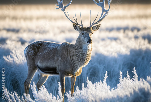 Noble deer male in winter snow forest. Artistic winter christmas landscape. Digital art painting
 photo