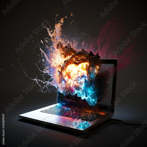 Burning laptop. Hot laptop got burned.