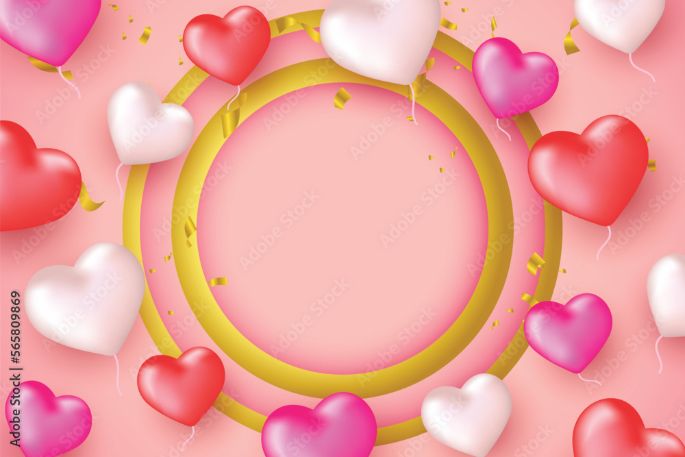 happy valentine's day romantic background design with golden frame and love ornament