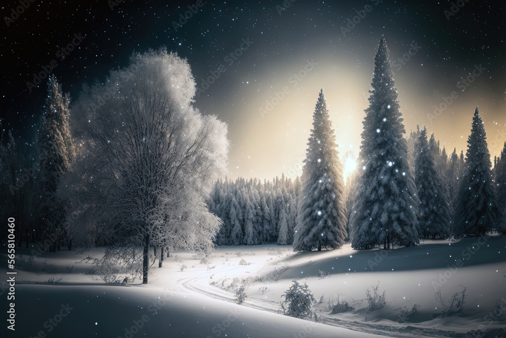 Sunset in the wood in winter period. Sun on the horizon shines through the branches of a snow-covered pine. Dark contrast background for christmas postcard Sunset in the wood in winter period. Sun on the horizon shines through the branches of a snow-covered pine. Dark contrast background for christmas postcard