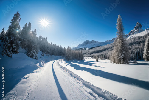 Midday in a winter landscape on a mountain slope among snow-covered pines and snowdrifts. Snowy road leading into the forest. Winter background, 2023, the sun at its zenith, the mountain in the distan