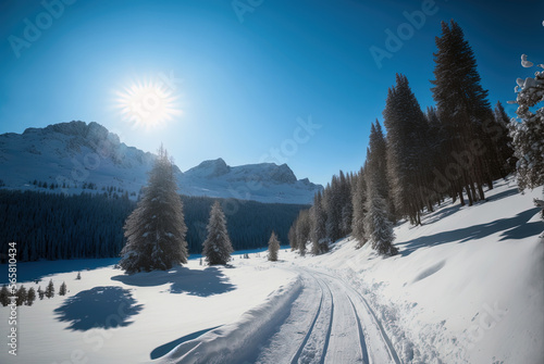 Midday in a winter landscape on a mountain slope among snow-covered pines and snowdrifts. Snowy road leading into the forest. Winter background, 2023, the sun at its zenith, the mountain in the distan