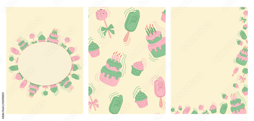 A set of posters with cakes and cakes for a birthday, a holiday. A collection of vector banners made of sweet cupcakes, cupcakes, popsicles, cake pops. seamless pattern with sweets