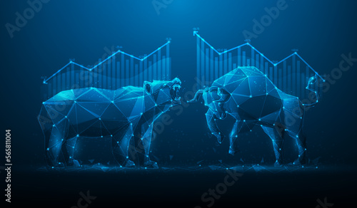bull and bear market finance digital technology. stock marketing increase and decrease. business forex trading financial investment. vector illustration fantastic low poly wireframe. economic trends.