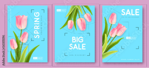 Set of Spring big sale posters with realistic full blossom tulips. Set of modern magazine covers. Vector illustration