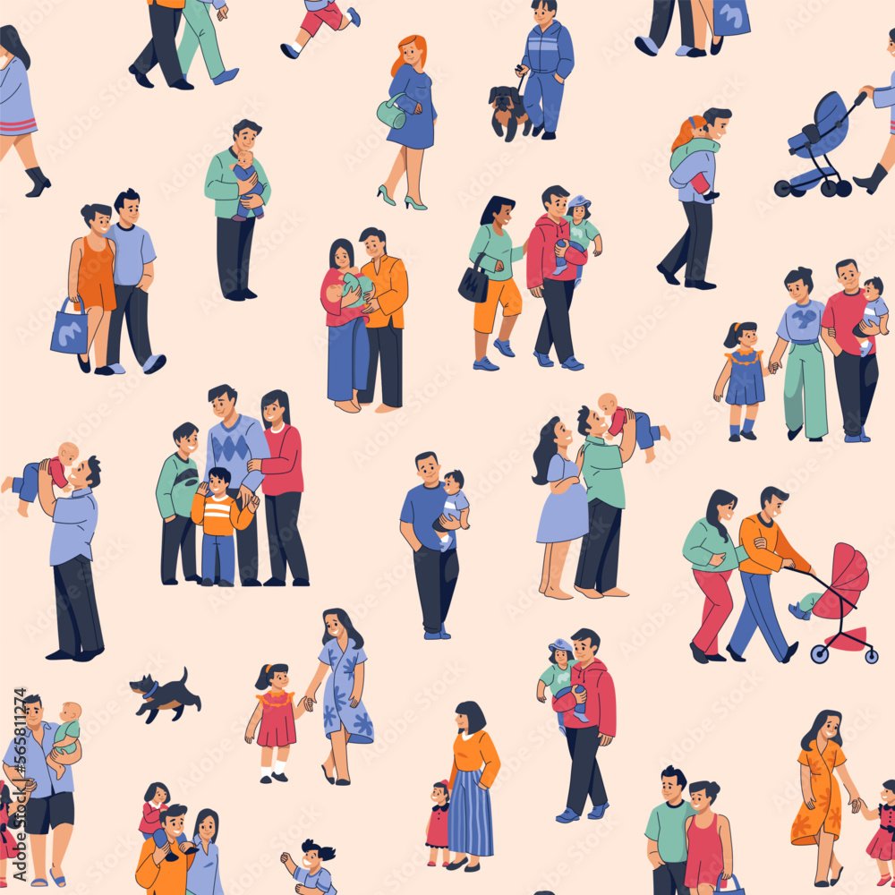Fototapeta premium Family on city street, crowd pattern. Group of persons and couples, kid characters, man and woman in society. Newborn baby in carriage. Decor textile, wrapping paper, vector seamless texture