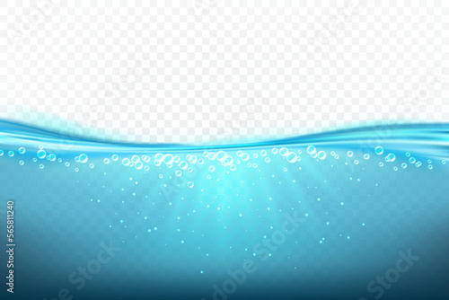 Under ocean water. Blue sea wave surface. Summer pool ripple. Clear liquidity underwater. Travel scene. Transparent background. Marine depth. Aqua texture. Vector realistic illustration