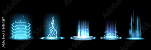 Beam frame, blue futuristic ray effects. Laser glow, energy aura or vortex, circle magic teleport. Digital energy hole tunnel. 3d isolated elements. Fantasy podiums. Vector 3d illustration