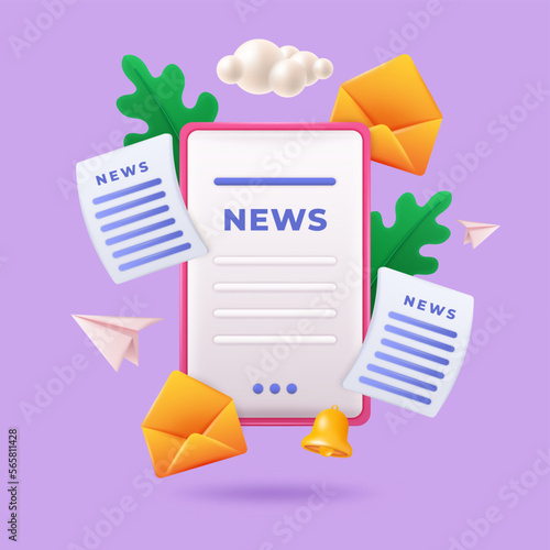 3d news information, newspaper icon. Digital update of press app. Online newsletter article in phone, flying envelopes and documents, cute graphic. Vector illustration website banner