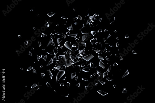 Broken glass shards. Explosion debris. Black shatter space. 3D fragments. Futuristic triangle shapes. Splinters crash. Damaged mirror pieces. Exploded window. Vector texture background