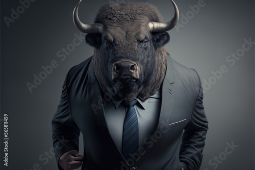 Bull wearing a business suit. Generative AI digital illustration