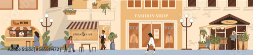 City street business. Cafe and shops. Small town store. Neighborhood marketplace. Restaurant and modern bakery. Fast food kiosk. Flowers and fashion boutiques. Vector flat illustration
