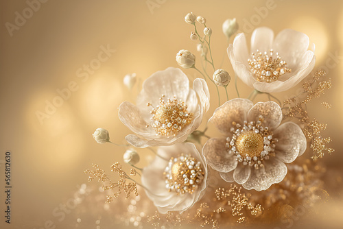 Delicate abstract floral background with golden glitter. Flowers backdrop for holiday design, wallpapers, postcards, greeting cards, wedding invitations, banners. Post-processed digital AI art