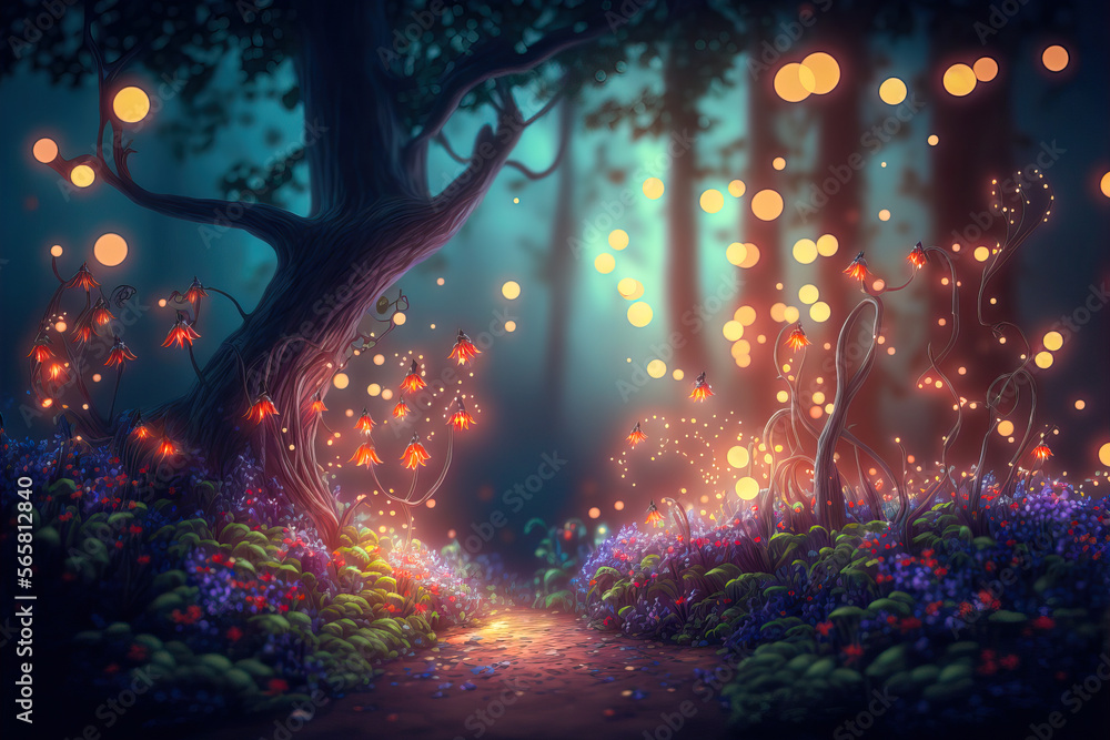 Fantasy fairy tale background with forest and blooming path. Fabulous