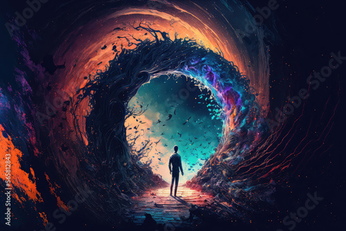 Fantasy concept showing a A man standing in front of the glowing purple entrance to go to another world. digital art style, illustration painting , horizontal side view, skyline (ai generated)