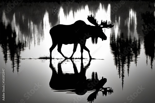 Silhouette of moose in the foggy misty forest at dawn. digital art illustrations by generative ai