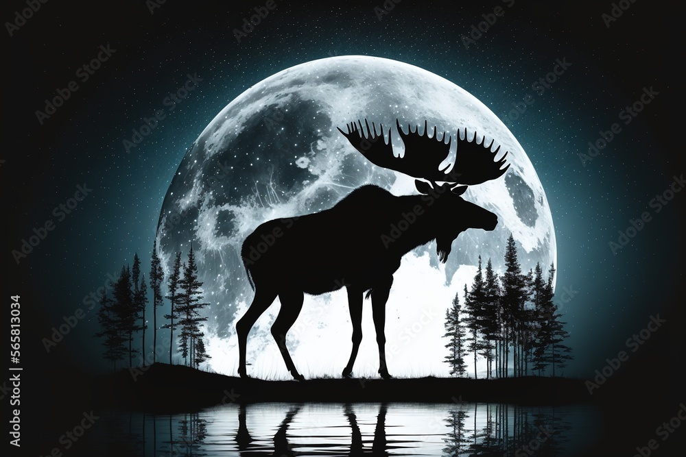 digital art of a  Silhouette of a moose in front of the full moon background generative ai