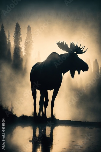 Silhouette of moose in the foggy misty forest at dawn. digital art illustrations by generative ai