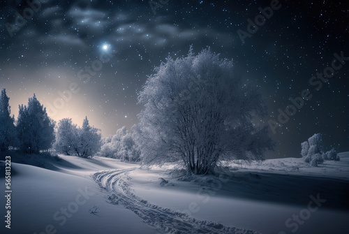 A forest on a winter night, a path, a clear sky with a full moon, snowdrifts and a snow-covered tree. Christmas postcard, 2023, winter background © Вячеслав Герц