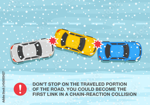 Winter season safe car driving tips and rules. Don't stop on the traveled portion of the road, you can could become a chain-reaction collision. Top view of snowy road. Flat vector illustration.
