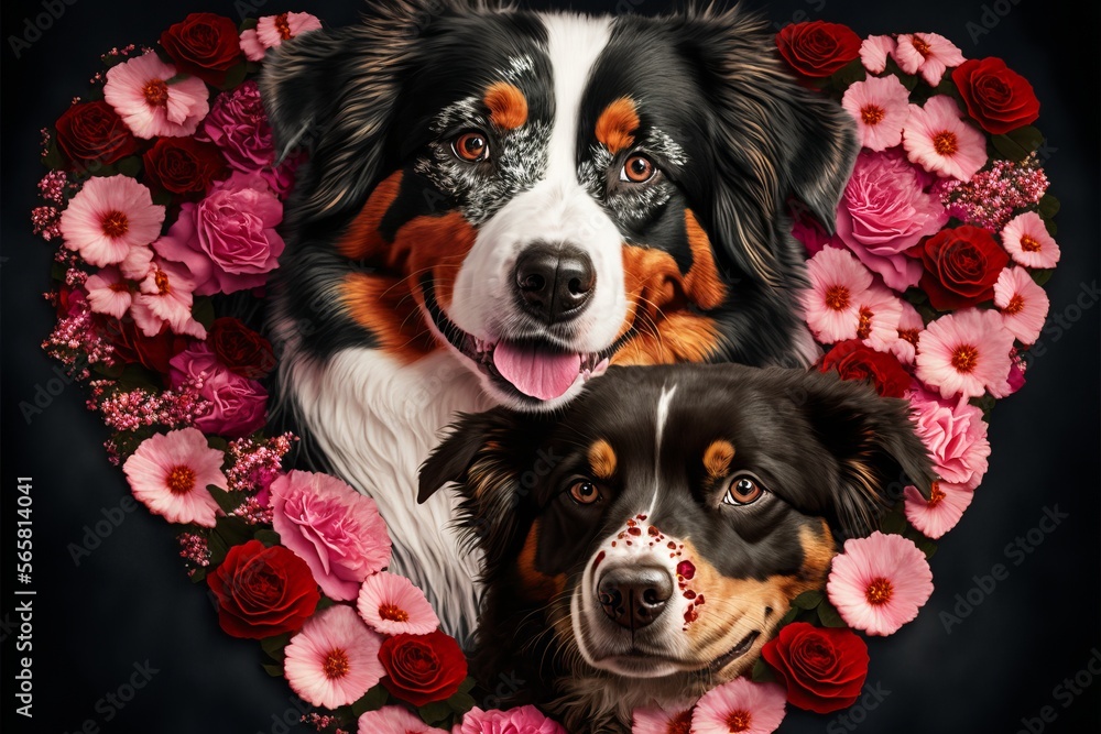 Valentine's Day Rose Cuddling Australian Shepherd Dog Couple (generative AI)