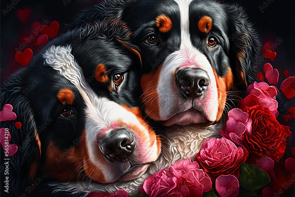 Valentine's Day Rose Cuddling Bernese Mountain Dog Couple (generative AI)