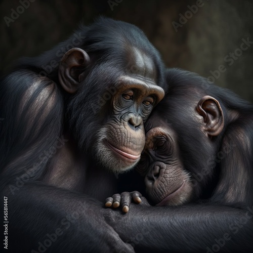 Valentine's Day Loving Cuddling Chimpanzee Couple (generative AI)