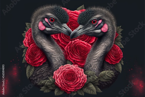 Valentine's Day Rose Cuddling Emu Couple (generative AI)