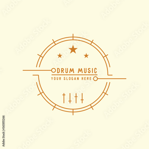 Drum music logo design illustration. Creative drumsticks drum minimalistic musical band instrument logo line vector type. Isolated background.