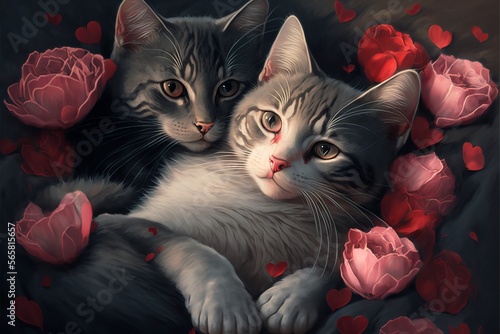Valentine's Day Rose Cuddling Manx Couple (generative AI) photo