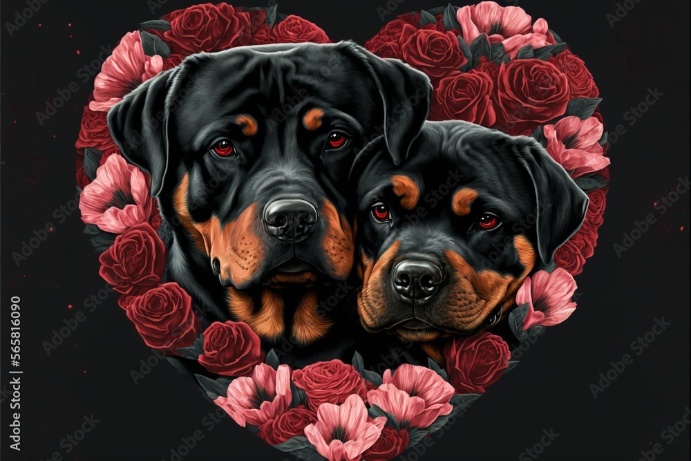Obraz premium Valentine's Day Rose Cuddling Rottweiler Dog Couple (generative AI)