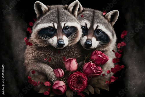 Valentine's Day Rose Cuddling Raccoon Couple (generative AI)