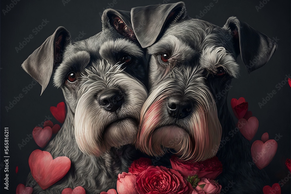 Valentine's Day Rose Cuddling Standard Schnauzer Dog Couple (generative AI)