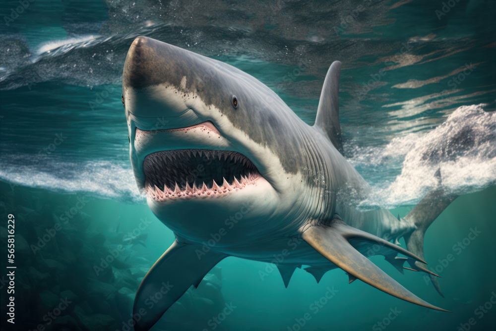 Fototapeta premium Great White Shark (Carcharodon carcharias) swimming in the ocean, generative ai