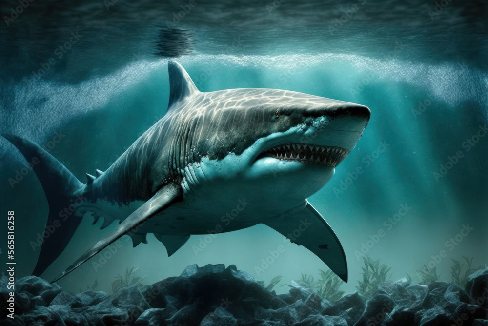 Fototapeta premium Great White Shark (Carcharodon carcharias) swimming in the ocean, generative ai