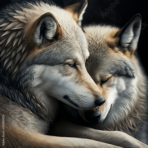 Valentine's Day Loving Cuddling Wolf Couple (generative AI)