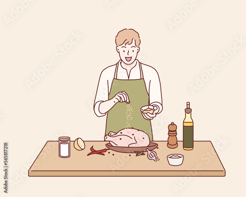 male preparing chicken for cooking. Hand drawn style vector design illustrations.