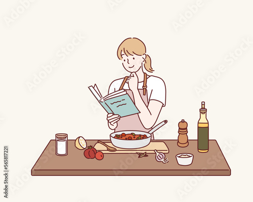 mature woman in apron is reading a book with recipes while cooking in kitchen. Hand drawn style vector design illustrations.